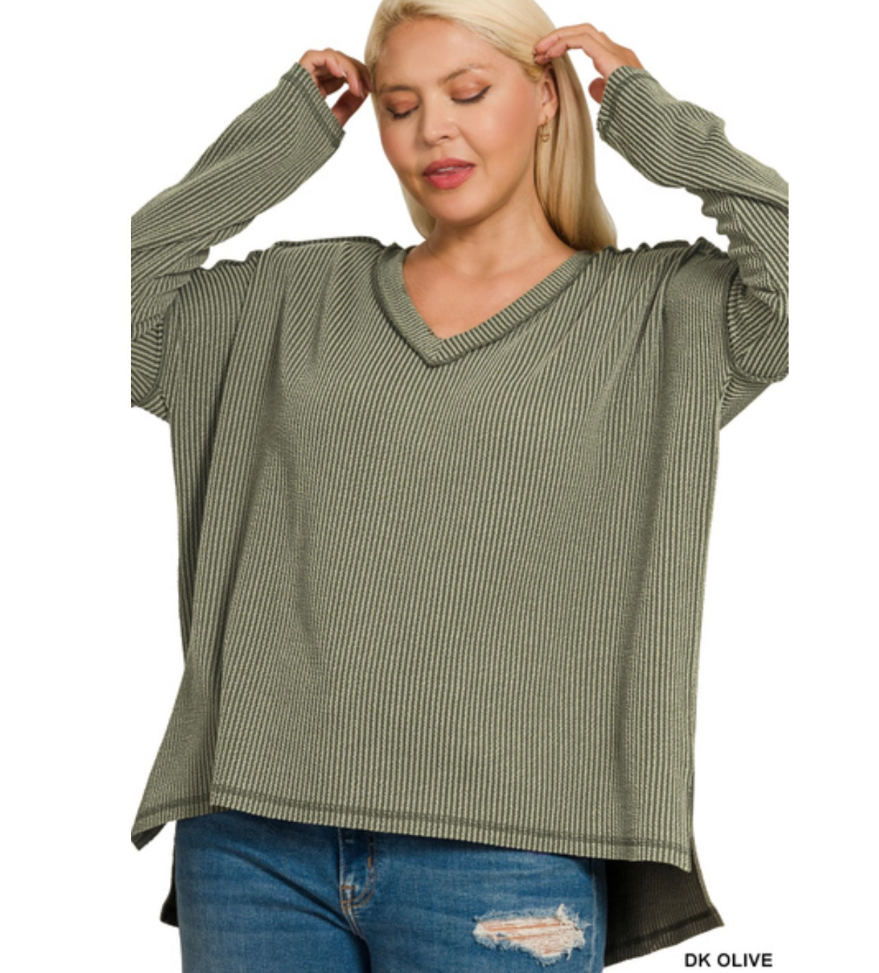 Olive Ribbed V Neck Top