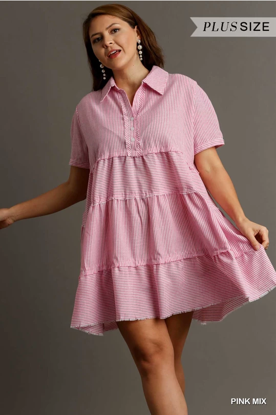 Umgee Tiered Striped Collared Dress