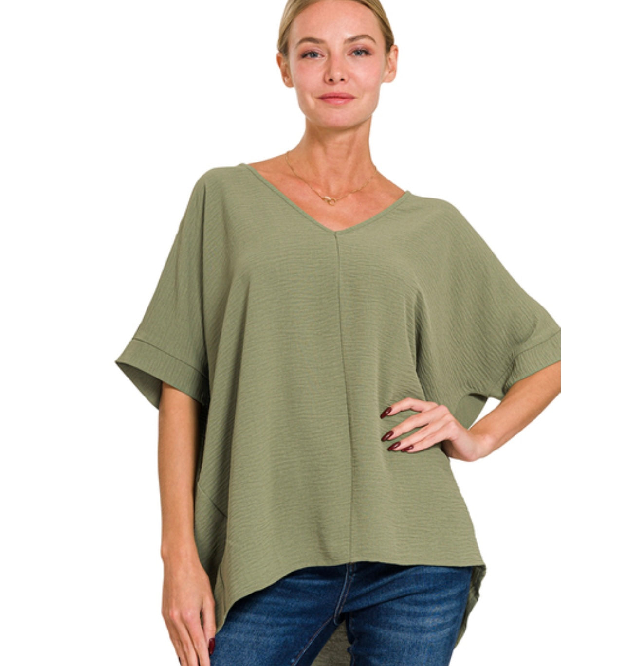 Crystal Airflow V Neck Top, Olive