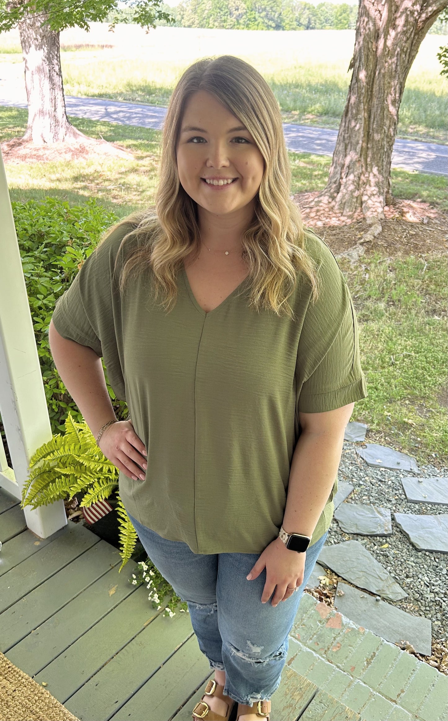Crystal Airflow V Neck Top, Olive