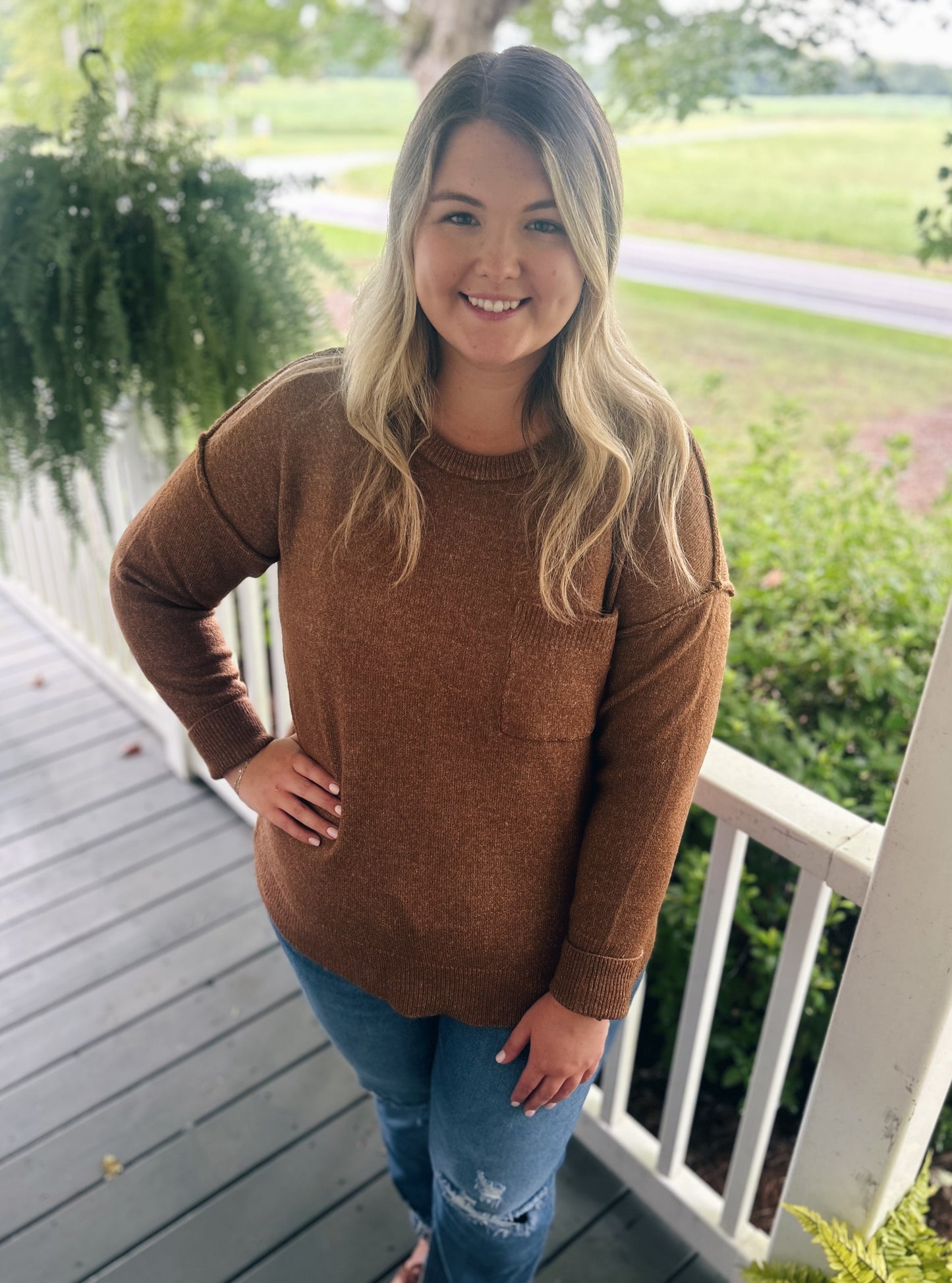 Kate Round Neck Sweater, Heather Deep Camel