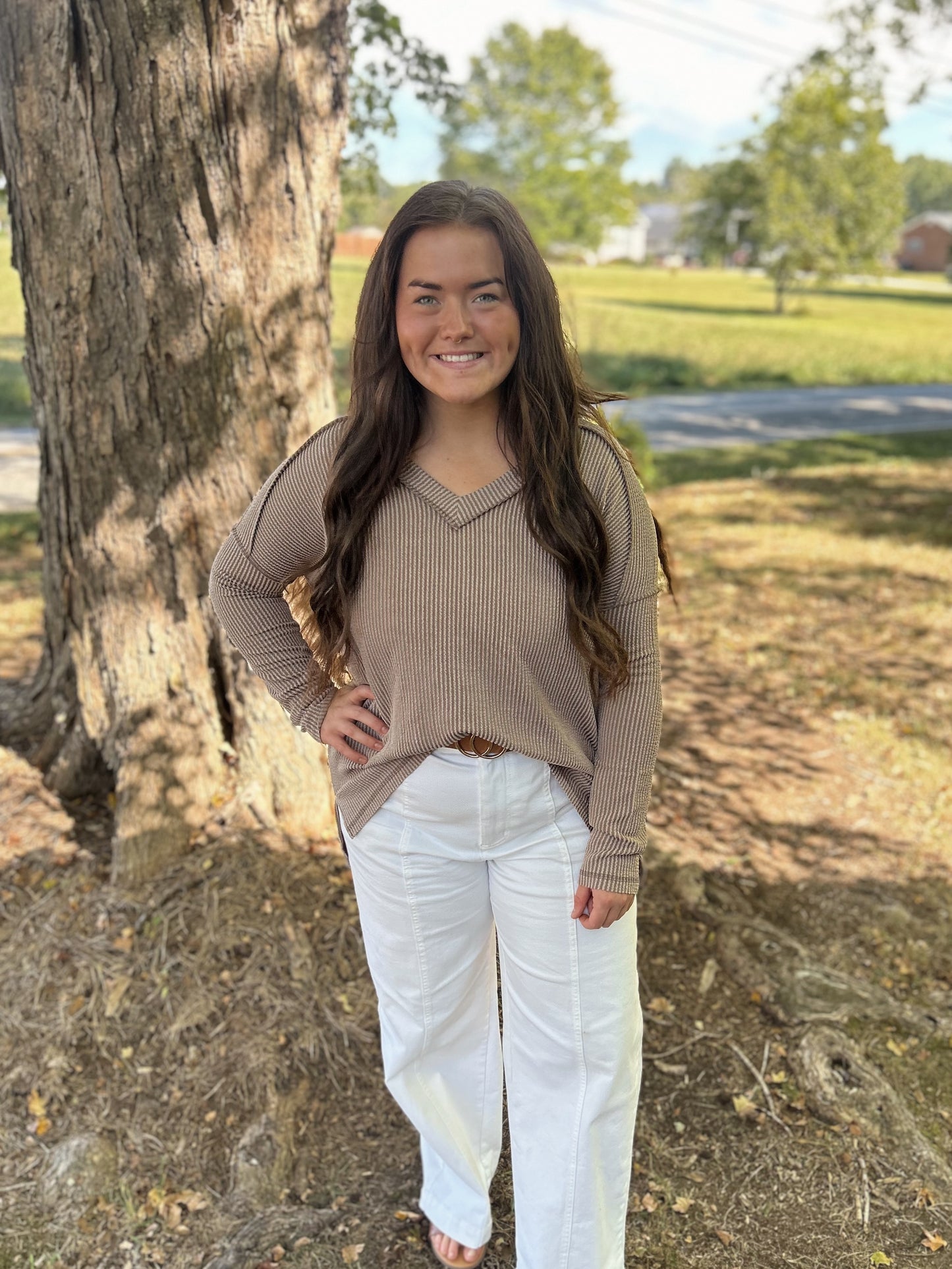 Everyday Ribbed V Neck Top, Mocha