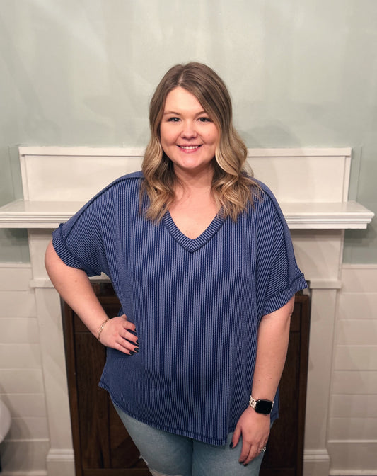 Devon Corded V Neck Top, Classic Blue