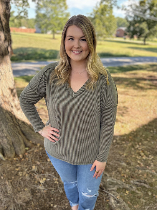 Olive Ribbed V Neck Top