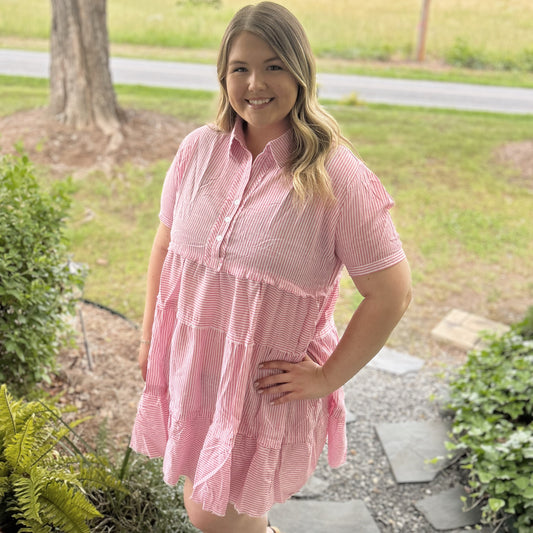 Umgee Tiered Striped Collared Dress