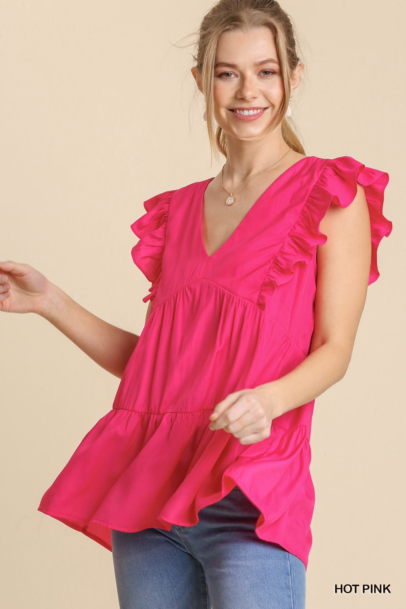 Umgee Tiered Ruffle Sleeve Babydoll Top, Hot Pink