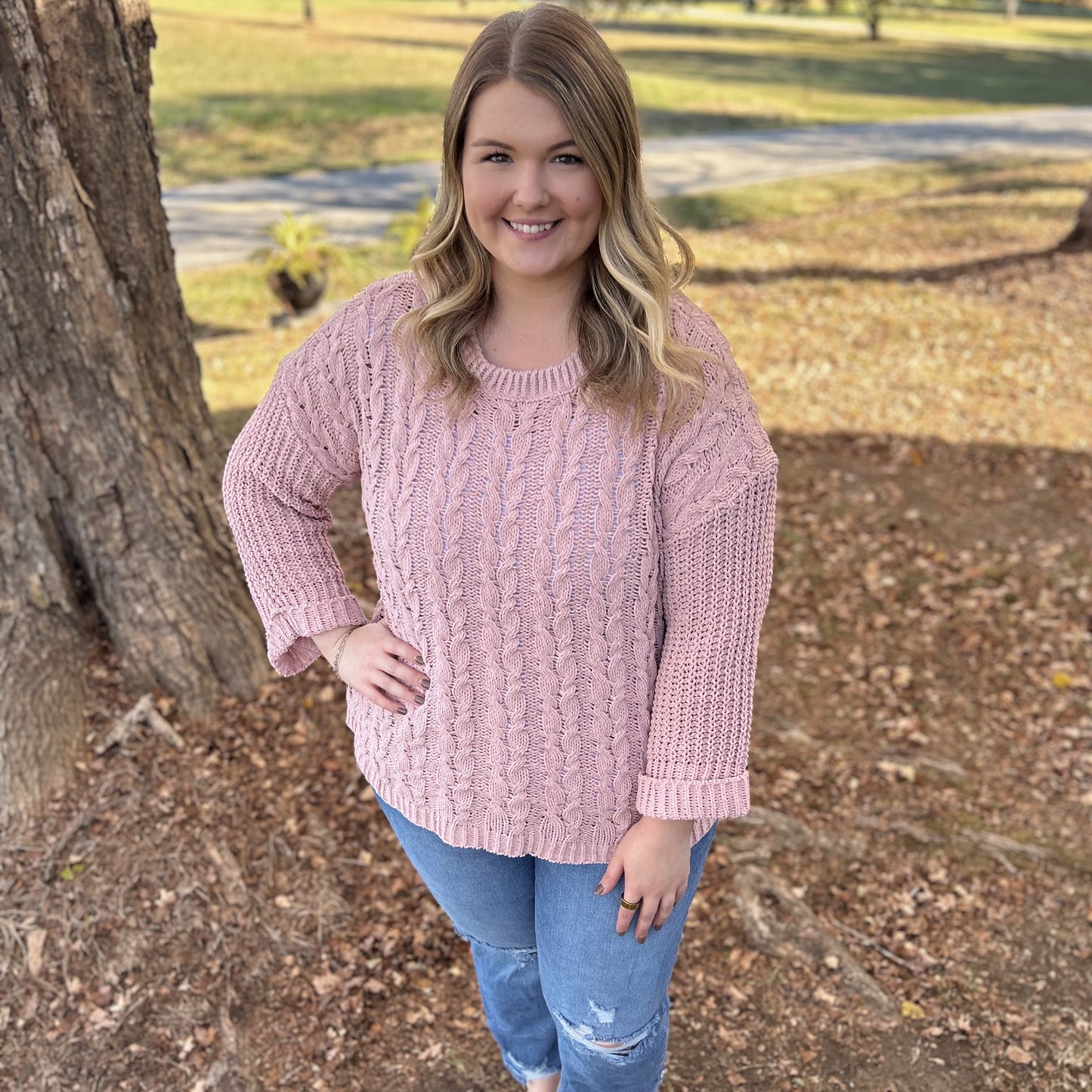 Umgee Cable Knit Sweater, Light Mauve