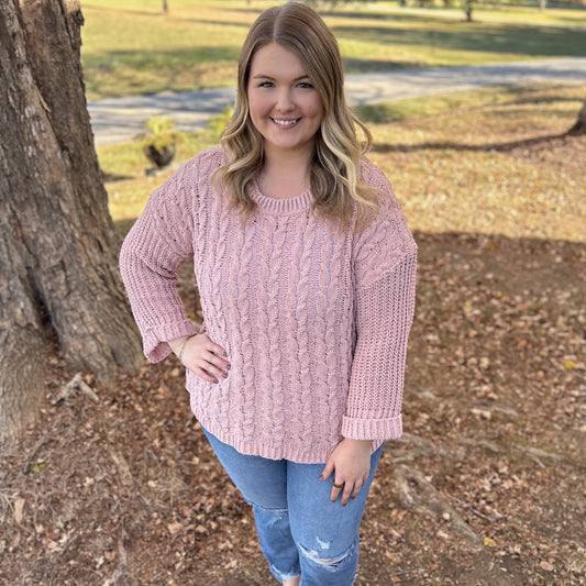 Umgee Cable Knit Sweater, Light Mauve