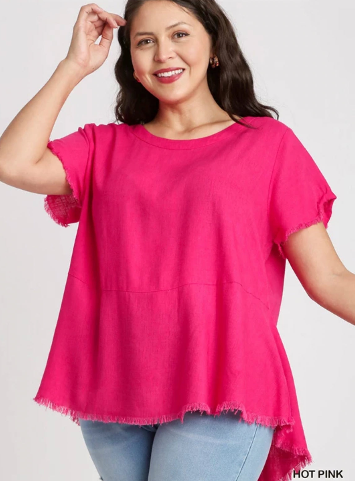 Umgee Sarah Linen Short Sleeve Top, Hot Pink