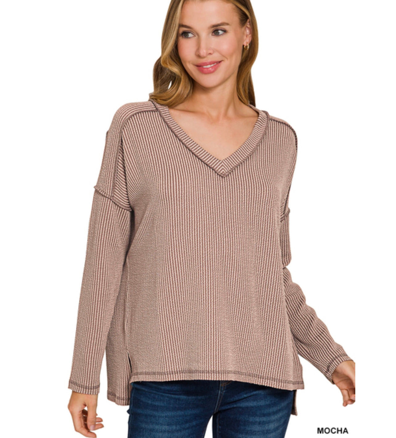 Everyday Ribbed V Neck Top, Mocha