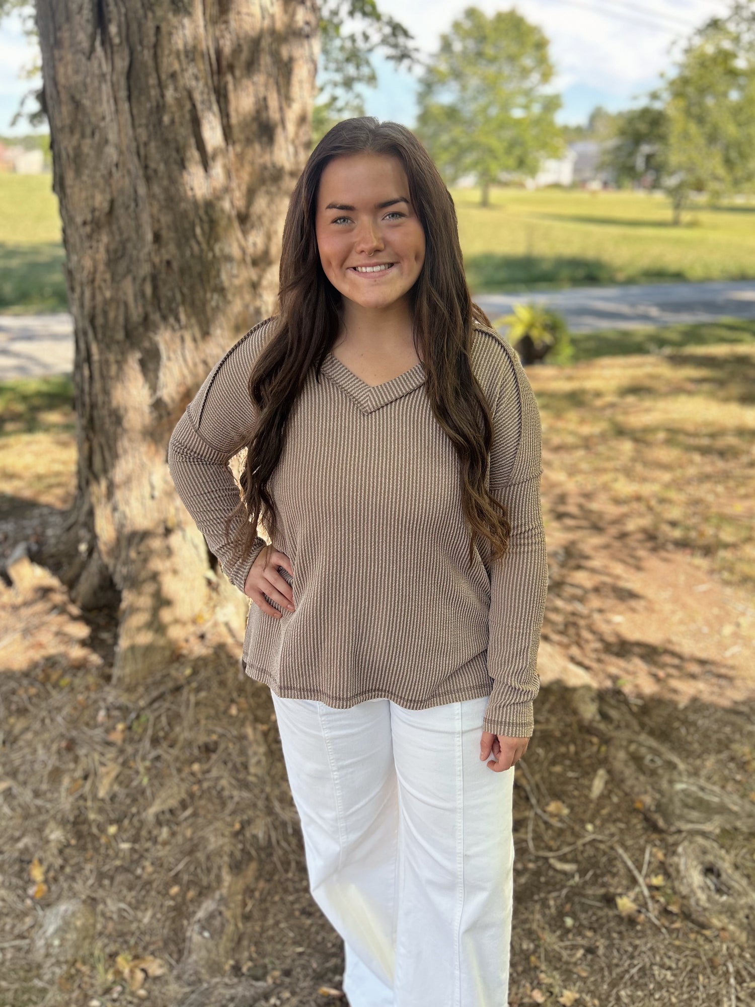 Everyday Ribbed V Neck Top, Mocha
