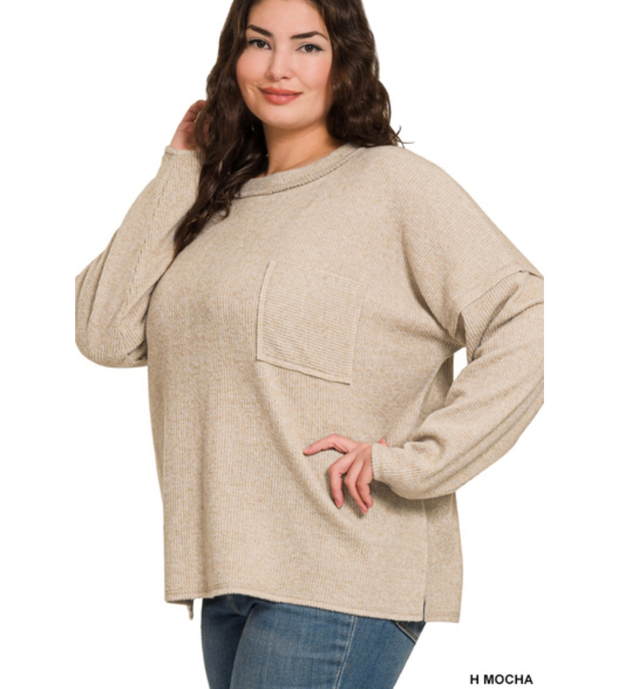 Kimberly Ribbed Sweater with Pocket, Heather Mocha