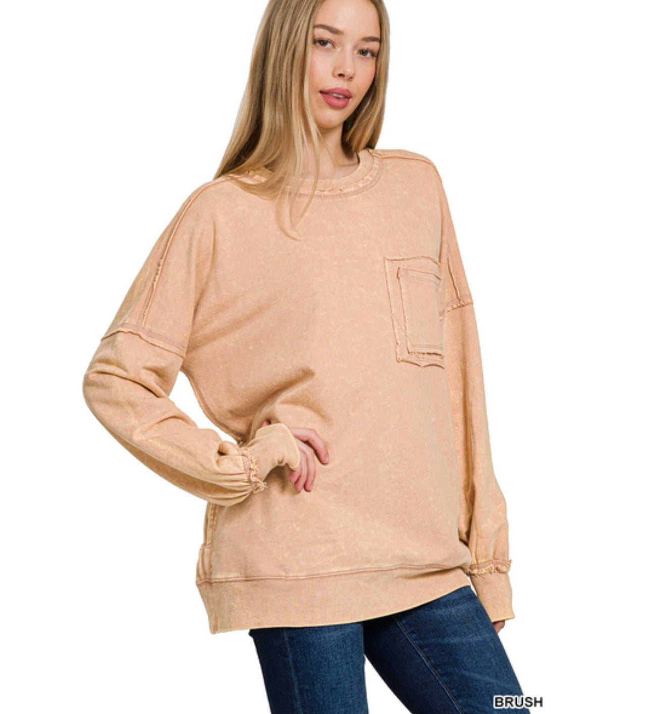 Regan Acid Wash Raw Edge Pullover, Brush