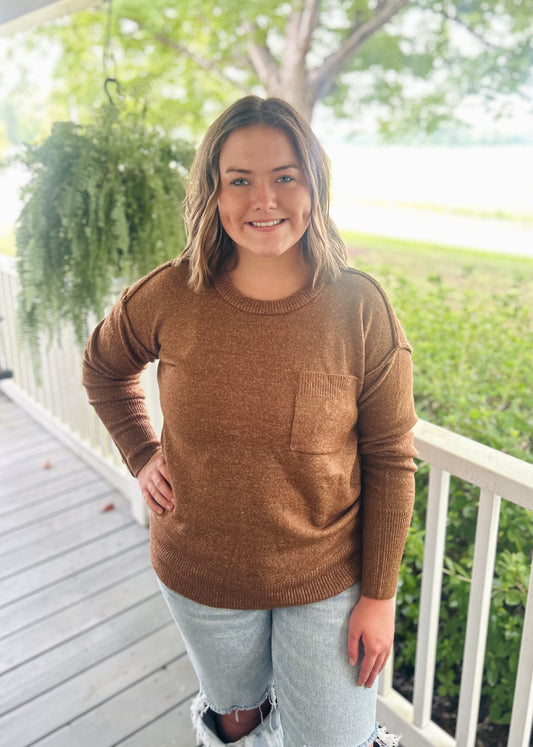 Kate Round Neck Sweater, Heather Deep Camel