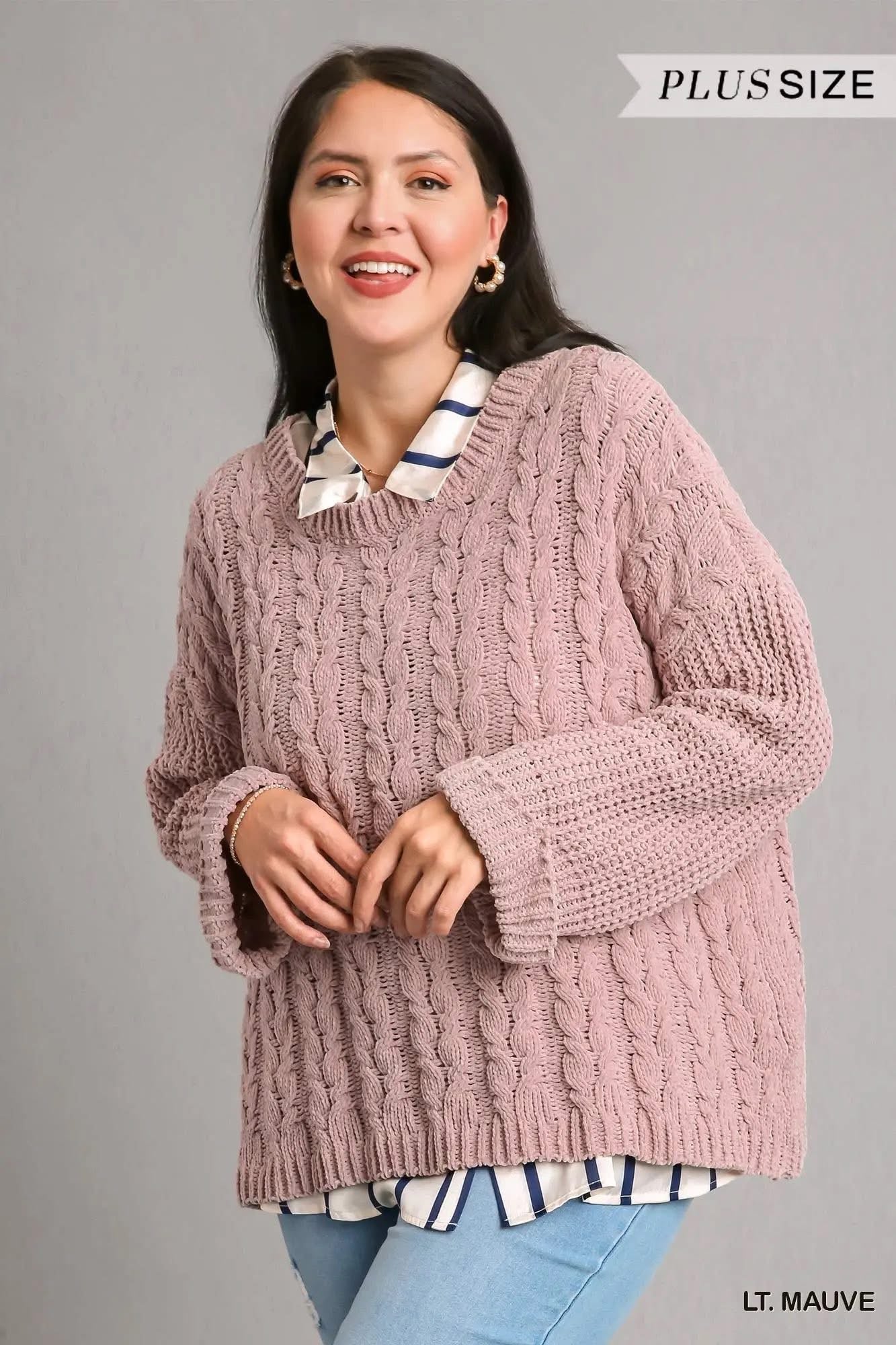 Umgee Cable Knit Sweater, Light Mauve