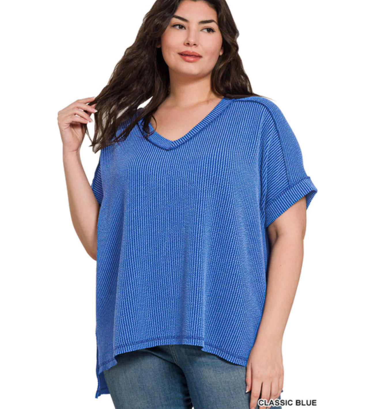 Devon Corded V Neck Top, Classic Blue