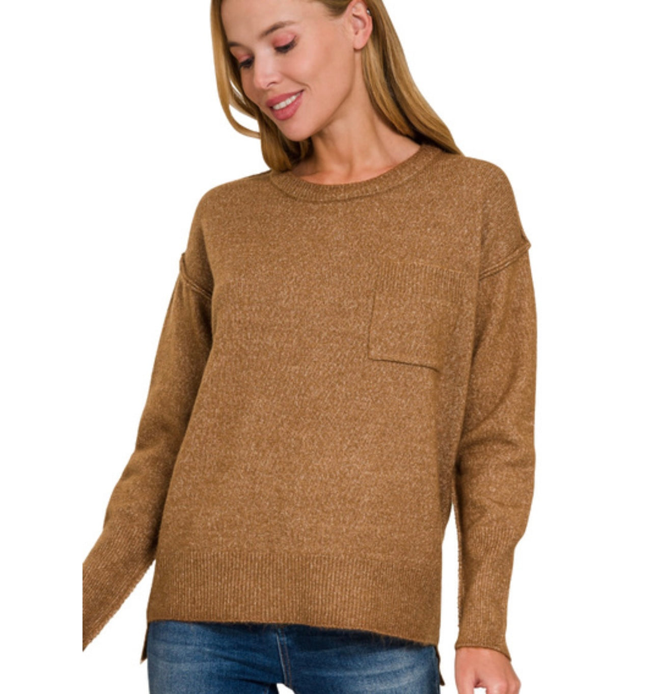 Kate Round Neck Sweater, Heather Deep Camel