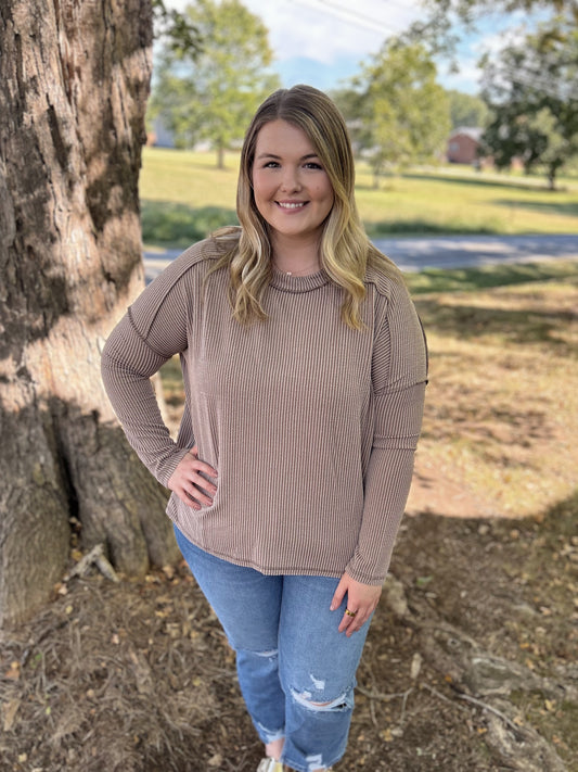 Comfort Ribbed Boat Neck Top, Mocha