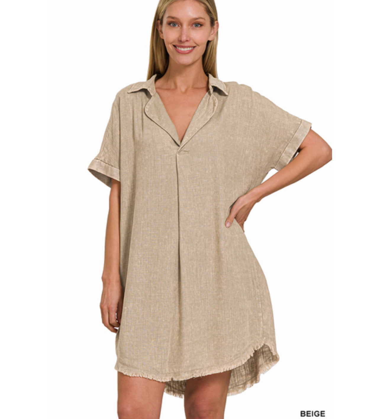 Meggan Linen V Neck Dress, Beige