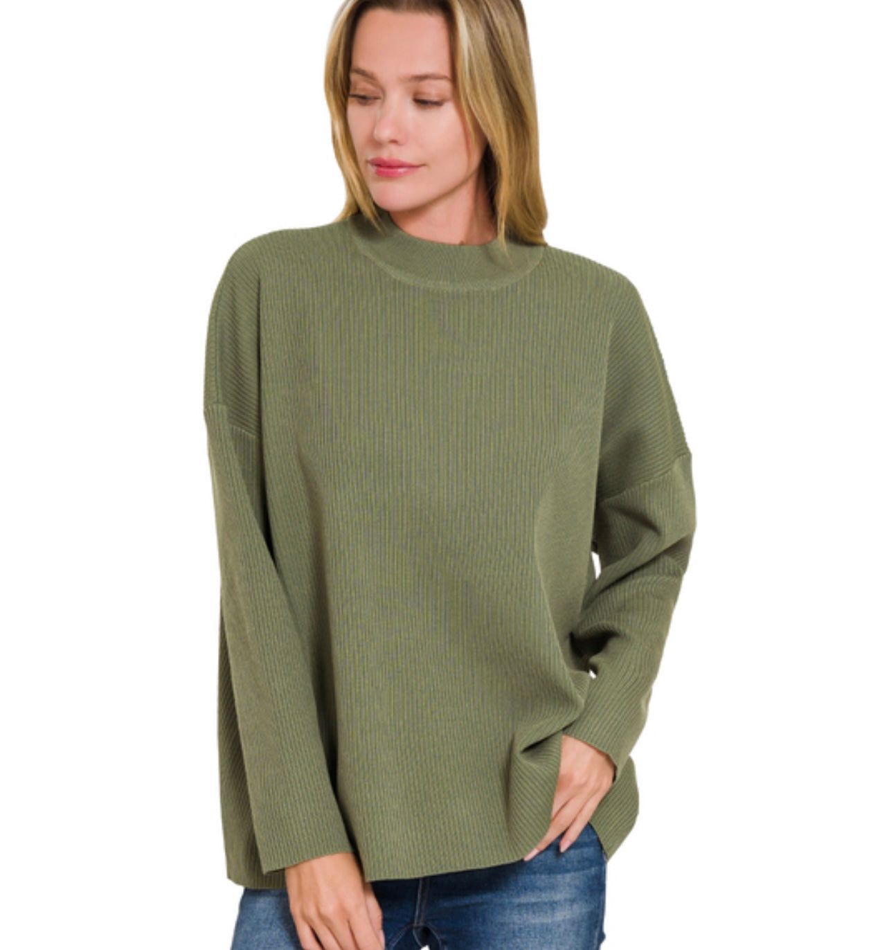 Emilee Mock Neck Sweater, Light Olive