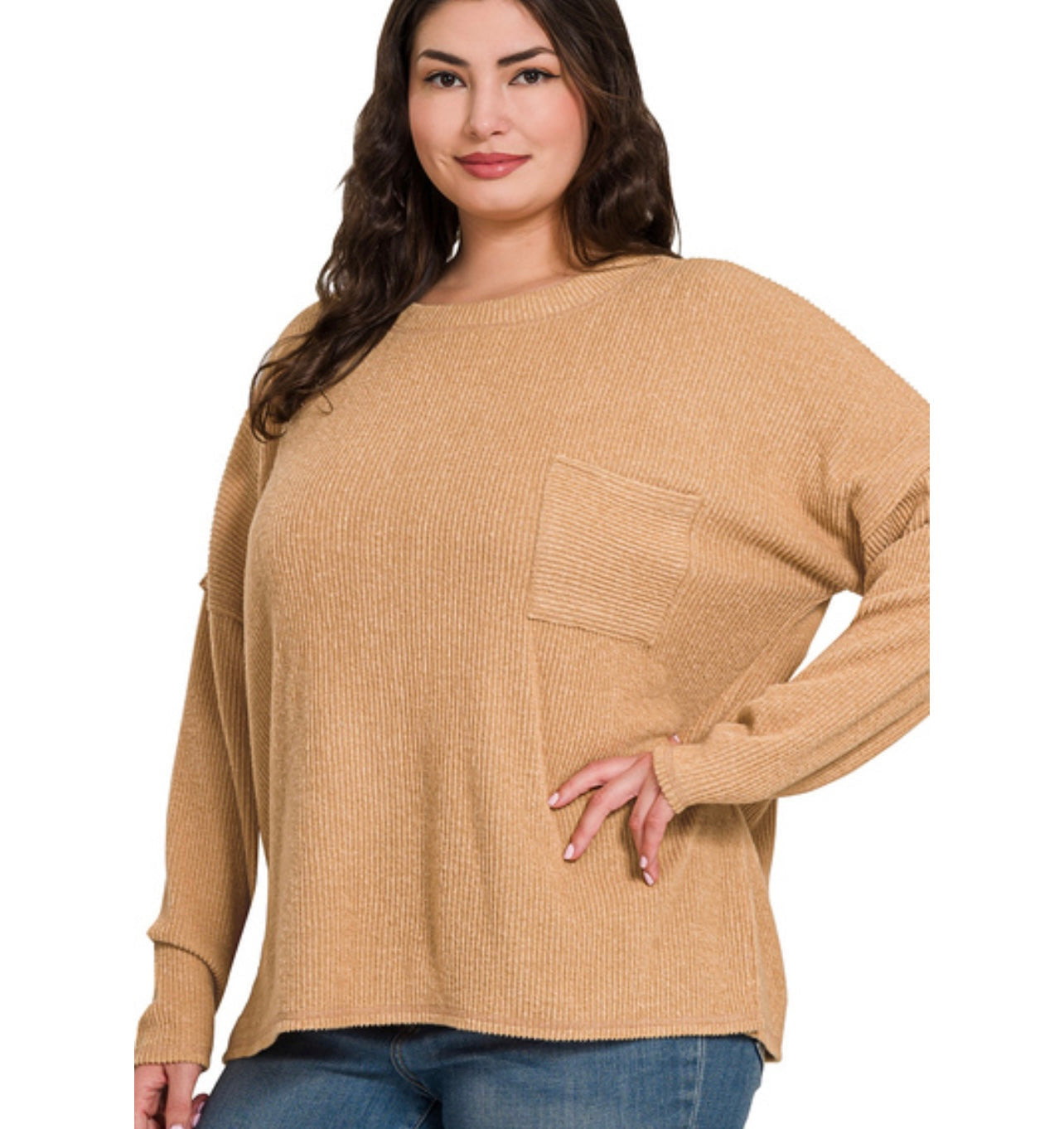 Leah Ribbed Pocket Sweater, Dark Brush