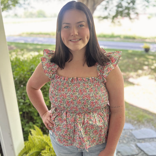 Umgee Mixed Floral Print Smocked Top