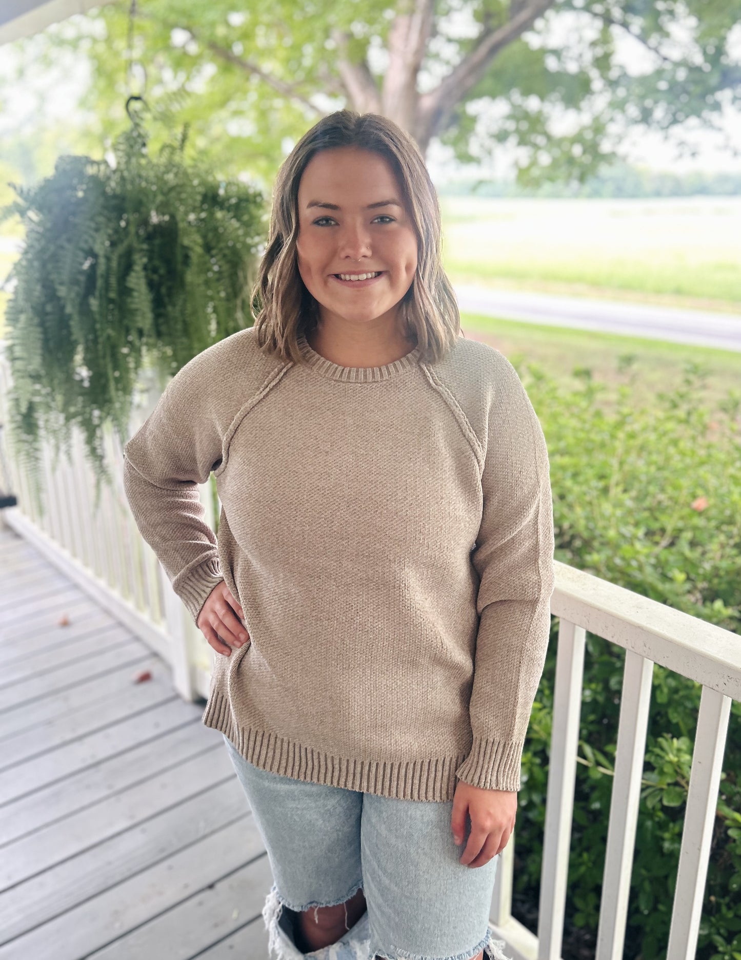 Callie Chenille Raglan Sweater, Heather Cocoa