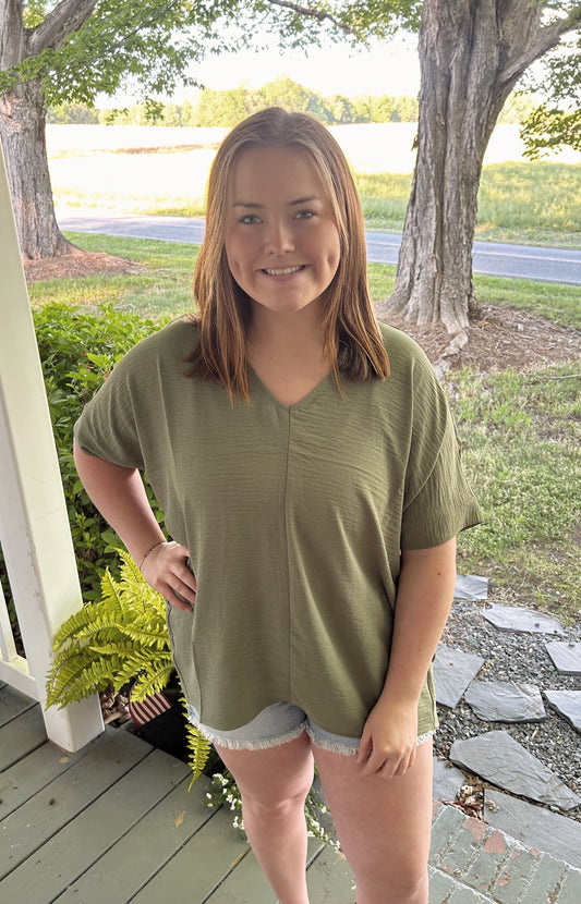 Crystal Airflow V Neck Top, Olive