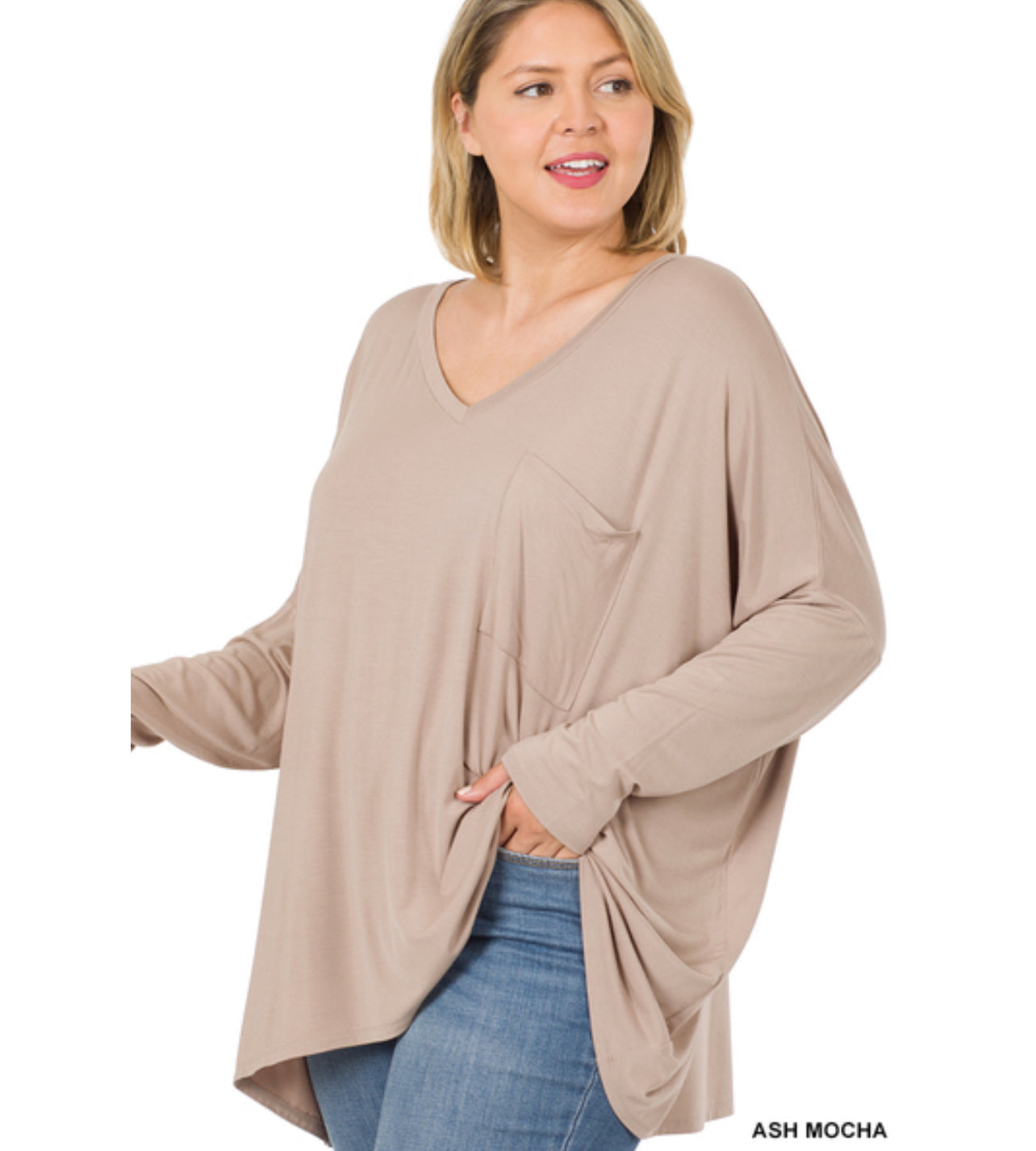 Oversized V-Neck Pocket Top, Ash Mocha